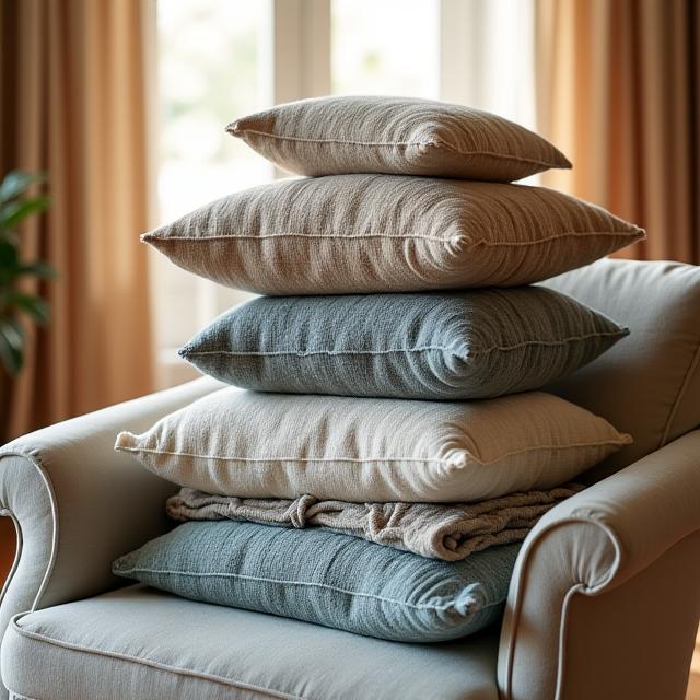 A stack of soft, woven blankets and pillows on a chair, inviting comfort and warmth.