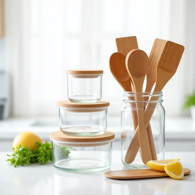 A set of reusable bamboo kitchen utensils and glass storage containers, promoting sustainable living.