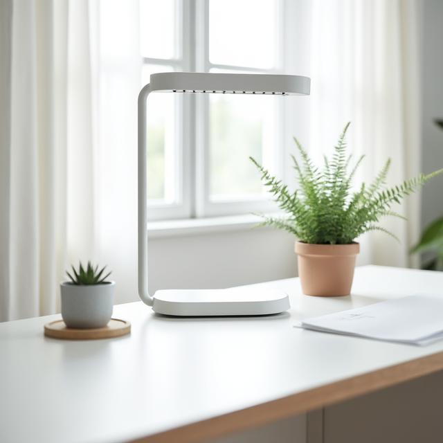 A clean, minimalist desk setup with a sleek lamp and a single plant, representing functional simplicity.