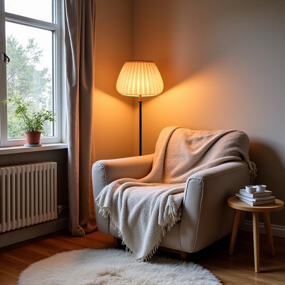 A cozy bedroom corner with a floor lamp and a comfortable armchair with a throw blanket, perfect for reading.