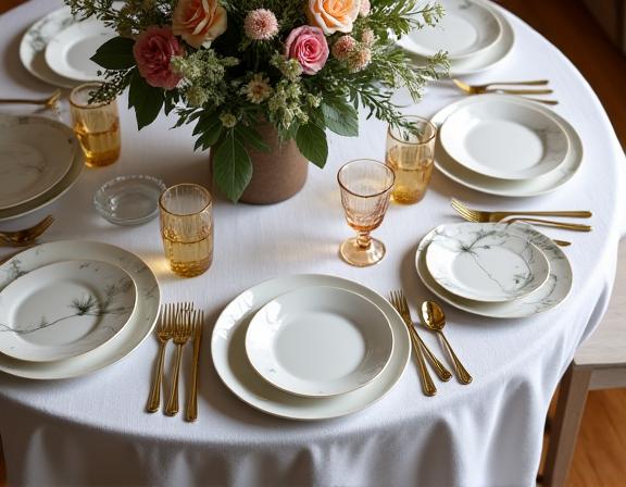 A beautifully set dining table with stylish dinnerware and a linen tablecloth, ready for a gathering.