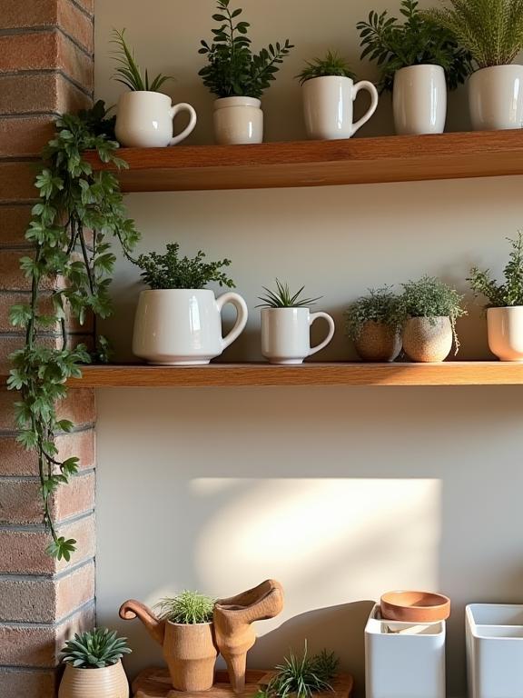 A rustic wooden shelf in a kitchen styled with ceramic mugs and small plants, adding natural charm.