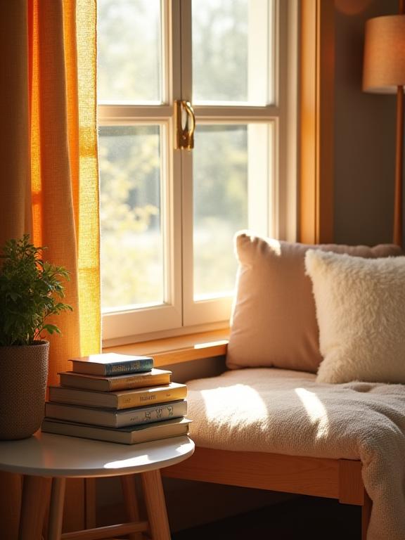 A sunlit reading nook with a plush cushion and a stack of books on a side table, designed for quiet moments.