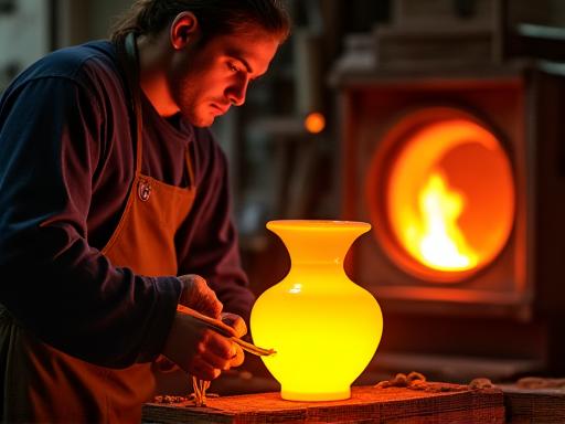 Artisan blowing a vase from molten recycled glass, illustrating the detailed crafting process.