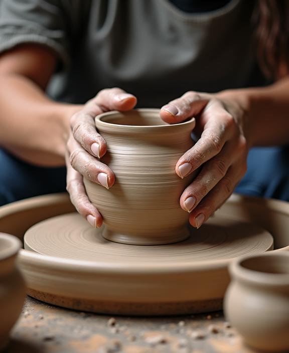 Close-up of an artisan's hands carefully crafting a ceramic pot, emphasizing meticulous craft.