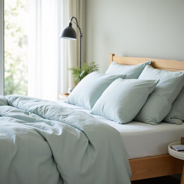 A customer's serene bedroom featuring the store's soft linen bedding in a real-life setting, exuding comfort.