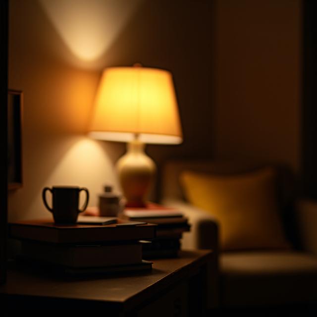 A soft, ambient table lamp casting a warm glow in a customer's reading nook, creating a cozy atmosphere.