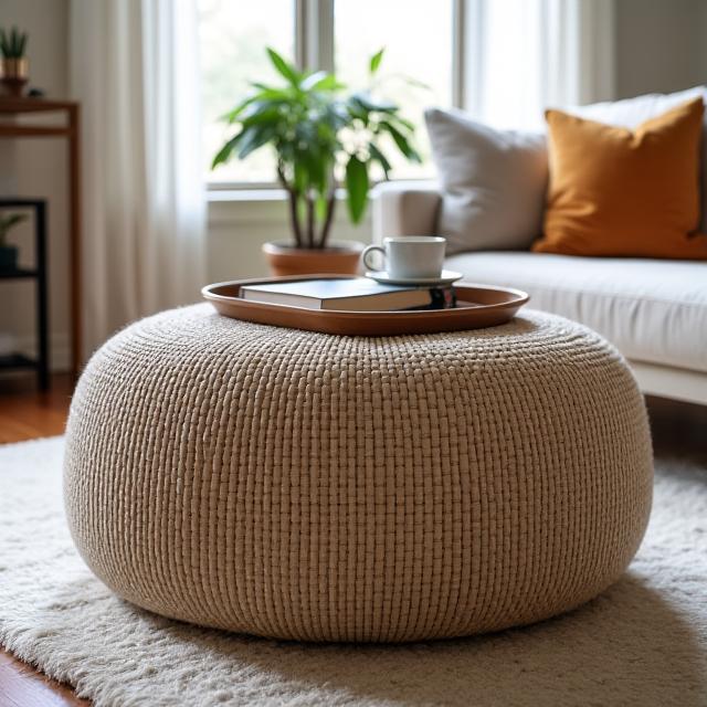 A stylish, woven ottoman serving as a versatile piece in a customer's living area, adding functionality and design.