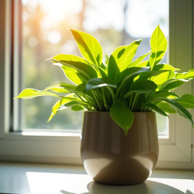 A vibrant green houseplant housed in a stylish ceramic pot, proudly displayed in a customer's sunny window.